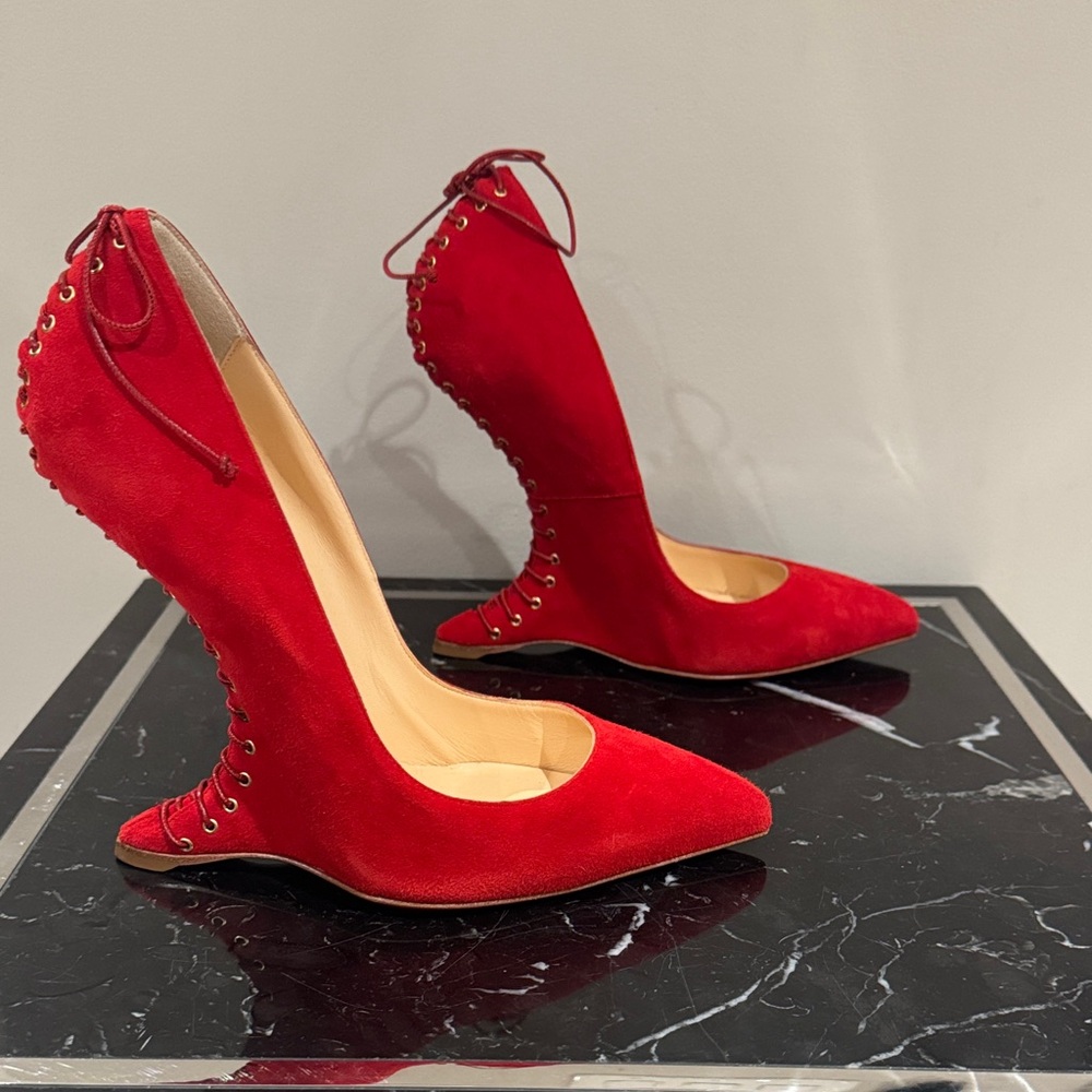 Christian Louboutin RARE Conquilla 120 Red Suede Fetish Sculpted Wedges Heels 40 - Picture 3 of 7